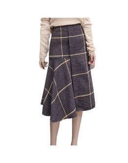  Autumn Winter Women Ruffles Plaid Skirts Womens  Asymmetrical Empire Steam Punk Skirt Mid-calf A-line Wool skirt