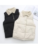 Winter Lamb Wool Collor Cotton Vest Women Short Sleeveless Buble Jacket Coat   Warm Waistcoat Outwear Clothes