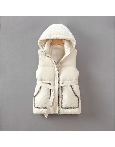 fall winter coat women vest jacket with hood and pockets Sashes tank top chaleco para mujer belted winter puffer coat for women