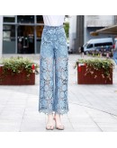 High Waist Wide Leg Denim Pants Women  Hollow Lace Patchwork Sweat Pants Streetwear Jeans Trousers pantalones de mujer