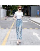 High Waist Wide Leg Denim Pants Women  Hollow Lace Patchwork Sweat Pants Streetwear Jeans Trousers pantalones de mujer