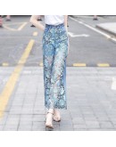 High Waist Wide Leg Denim Pants Women  Hollow Lace Patchwork Sweat Pants Streetwear Jeans Trousers pantalones de mujer