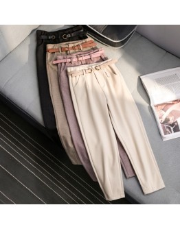  Winter Wool Pants women High Slim Waist Belted Harem Elegant Trousers Female Autumn Warm Women's Long Pants F201