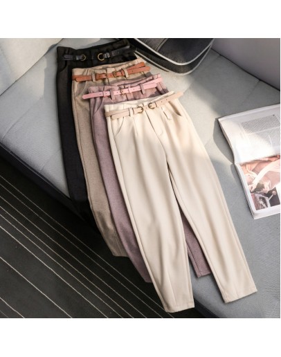  Winter Wool Pants women High Slim Waist Belted Harem Elegant Trousers Female Autumn Warm Women's Long Pants F201