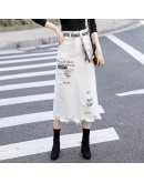 Women Front Hole Denim Skirt   Spring Summer Long Skirts High Waist Casual White Jeans Skirt Plus Size 5XL