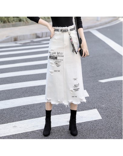 Women Front Hole Denim Skirt   Spring Summer Long Skirts High Waist Casual White Jeans Skirt Plus Size 5XL