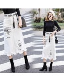 Women Front Hole Denim Skirt   Spring Summer Long Skirts High Waist Casual White Jeans Skirt Plus Size 5XL