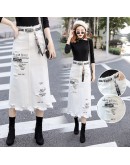 Women Front Hole Denim Skirt   Spring Summer Long Skirts High Waist Casual White Jeans Skirt Plus Size 5XL