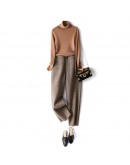 Khaki Retro Pattern Harem Pants Fall Winter High Waisted Woolen Suit Pants Loose Casual Straight Cropped Trousers Women