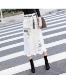 Women Front Hole Denim Skirt   Spring Summer Long Skirts High Waist Casual White Jeans Skirt Plus Size 5XL