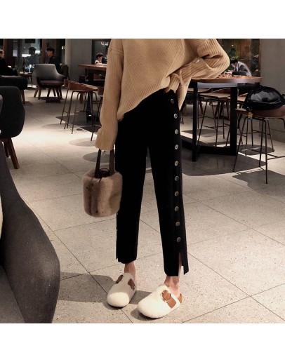  Women Knitted Pants Autumn Spring Female Straight Trousers Elastic High Waist Pants Side Split Woman Knit Pants Button