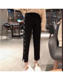  Women Knitted Pants Autumn Spring Female Straight Trousers Elastic High Waist Pants Side Split Woman Knit Pants Button