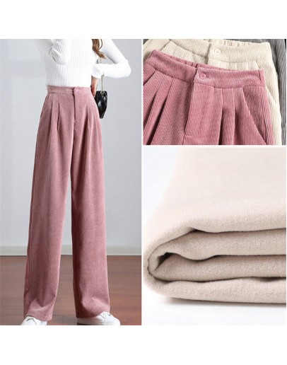 Long Wide Leg Corduroy Pants Women's Autumn Winter Thick Warm Fleece Trousers High Waisted Pink Pantalones De Mujer Plus Size