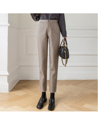 Herringbone Pattern Harem Pants Women  Autumn Winter High Waisted Woolen Suit Pants Loose Casual Pipe Office Trousers