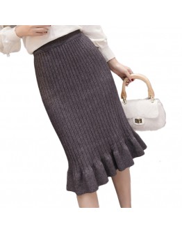 High  Ruffles Hem Knit Fishtail Skirt Womens Autumn Winter  Large Size High Waist Retro Package Hip Skirt Female