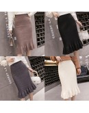 High  Ruffles Hem Knit Fishtail Skirt Womens Autumn Winter  Large Size High Waist Retro Package Hip Skirt Female