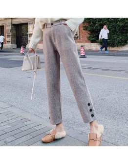 Autumn Winter Herringbone Woolen Pants Women High Waisted Ankle Length Straight Trousers Blazer Office Mujer Pantalones