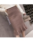 High  Ruffles Hem Knit Fishtail Skirt Womens Autumn Winter  Large Size High Waist Retro Package Hip Skirt Female