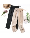 Winter Autumn Woolen High Waist Women Pencil Pants Casual Belted Wool Harem Pant Woman Warm Female Long Trousers