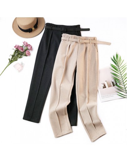 Winter Autumn Woolen High Waist Women Pencil Pants Casual Belted Wool Harem Pant Woman Warm Female Long Trousers