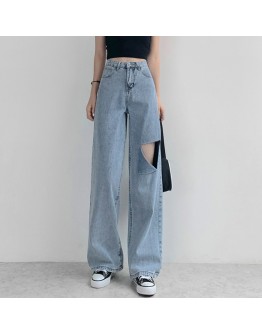 Summer  Classic Hole Women's Jeans Waist Wide Leg Denim Pants Retro Washed Streetwear Loose Long Trousers Female