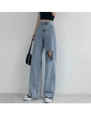 Summer  Classic Hole Women's Jeans Waist Wide Leg Denim Pants Retro Washed Streetwear Loose Long Trousers Female