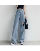 Summer  Classic Hole Women's Jeans Waist Wide Leg Denim Pants Retro Washed Streetwear Loose Long Trousers Female