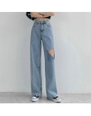 Summer  Classic Hole Women's Jeans Waist Wide Leg Denim Pants Retro Washed Streetwear Loose Long Trousers Female