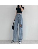 Summer  Classic Hole Women's Jeans Waist Wide Leg Denim Pants Retro Washed Streetwear Loose Long Trousers Female