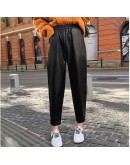  Autumn Winter Black Faux Leather Pants Women's Elastic Waist Female PU Harem Pants Streetwear Chic Trousers Plus Size