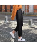  Autumn Winter Black Faux Leather Pants Women's Elastic Waist Female PU Harem Pants Streetwear Chic Trousers Plus Size