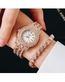  Ladies Watch Bracelet Rose Gold Elegant Full Diamond Women Watches  Casual Rhinestone 2pcs Set Bracelet Clock Gift