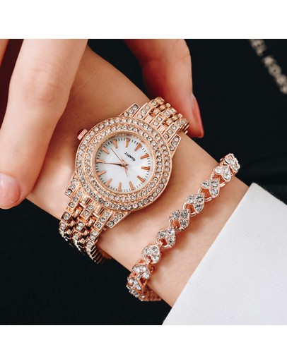  Ladies Watch Bracelet Rose Gold Elegant Full Diamond Women Watches  Casual Rhinestone 2pcs Set Bracelet Clock Gift