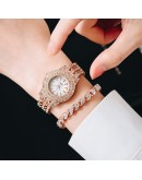  Ladies Watch Bracelet Rose Gold Elegant Full Diamond Women Watches  Casual Rhinestone 2pcs Set Bracelet Clock Gift