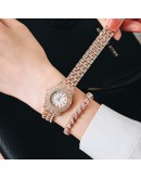  Ladies Watch Bracelet Rose Gold Elegant Full Diamond Women Watches  Casual Rhinestone 2pcs Set Bracelet Clock Gift