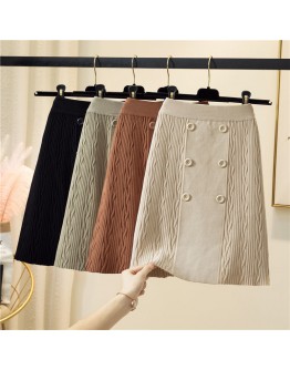 Autumn Winter Knitted Skirt for Women High Waisted Double Breasted Short Mini Sweater Skirts Good  Straight Faldas Mujer