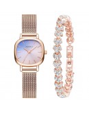  2pcs Set Watch For Women Rose Gold Rhinestone Bracelet Watch Casual Ladies Quartz Wristwatches Female Clock Reloj Mujer