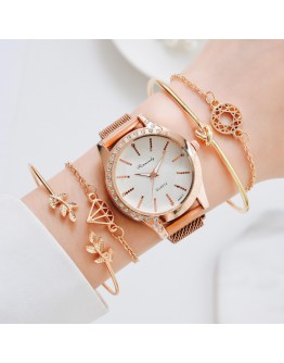   Rose Gold Rhinestone Unique Dial Watches Women Ladies Crystal Bracelet Quartz Wrist Watch 5pcs Set Relogio Feminino