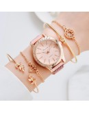   Rose Gold Rhinestone Unique Dial Watches Women Ladies Crystal Bracelet Quartz Wrist Watch 5pcs Set Relogio Feminino