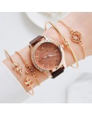   Rose Gold Rhinestone Unique Dial Watches Women Ladies Crystal Bracelet Quartz Wrist Watch 5pcs Set Relogio Feminino