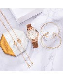   Rose Gold Rhinestone Unique Dial Watches Women Ladies Crystal Bracelet Quartz Wrist Watch 5pcs Set Relogio Feminino