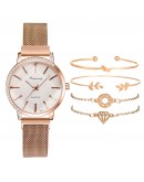   Rose Gold Rhinestone Unique Dial Watches Women Ladies Crystal Bracelet Quartz Wrist Watch 5pcs Set Relogio Feminino