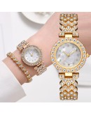  Women Gold Watch  Ladies Quartz Full Diamond Wristwatch Elegant Female Bracelet Watches Gifts 2pcs Set Reloj Mujer