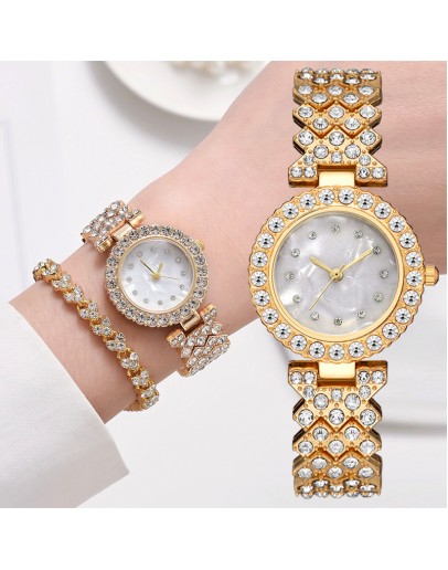  Women Gold Watch  Ladies Quartz Full Diamond Wristwatch Elegant Female Bracelet Watches Gifts 2pcs Set Reloj Mujer