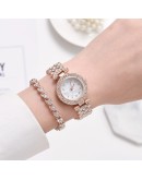  Women Gold Watch  Ladies Quartz Full Diamond Wristwatch Elegant Female Bracelet Watches Gifts 2pcs Set Reloj Mujer