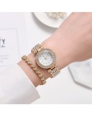  Women Gold Watch  Ladies Quartz Full Diamond Wristwatch Elegant Female Bracelet Watches Gifts 2pcs Set Reloj Mujer