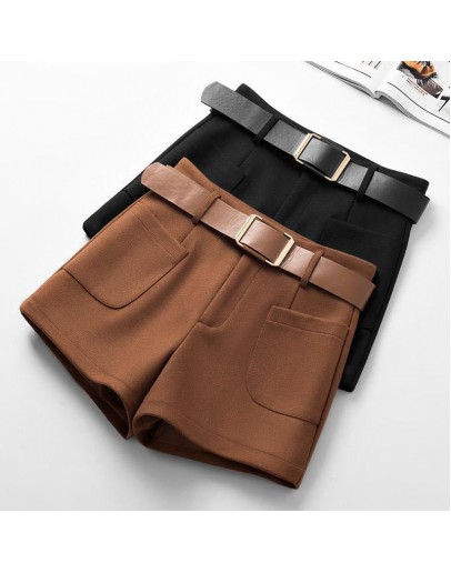 Woolen Shorts Women  Autumn Winter Wide Leg Mini Shorts Feminino Autumn booty shorts with Belt Pockets Short Feminino F224