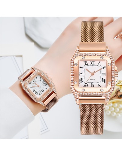  Women Watches Square Rose Gold Diamond Ladies Wrist Watches Magnetic  Watches Female Quartz Clock montre femme