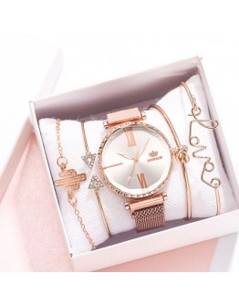 5pcs/set  Women Watches Roman Numerals Magnet Buckle Ladies Wrist Watch Dress Simple Watch And Bracelet Set Womens Reloj