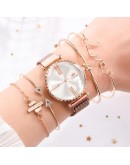 5pcs/set  Women Watches Roman Numerals Magnet Buckle Ladies Wrist Watch Dress Simple Watch And Bracelet Set Womens Reloj